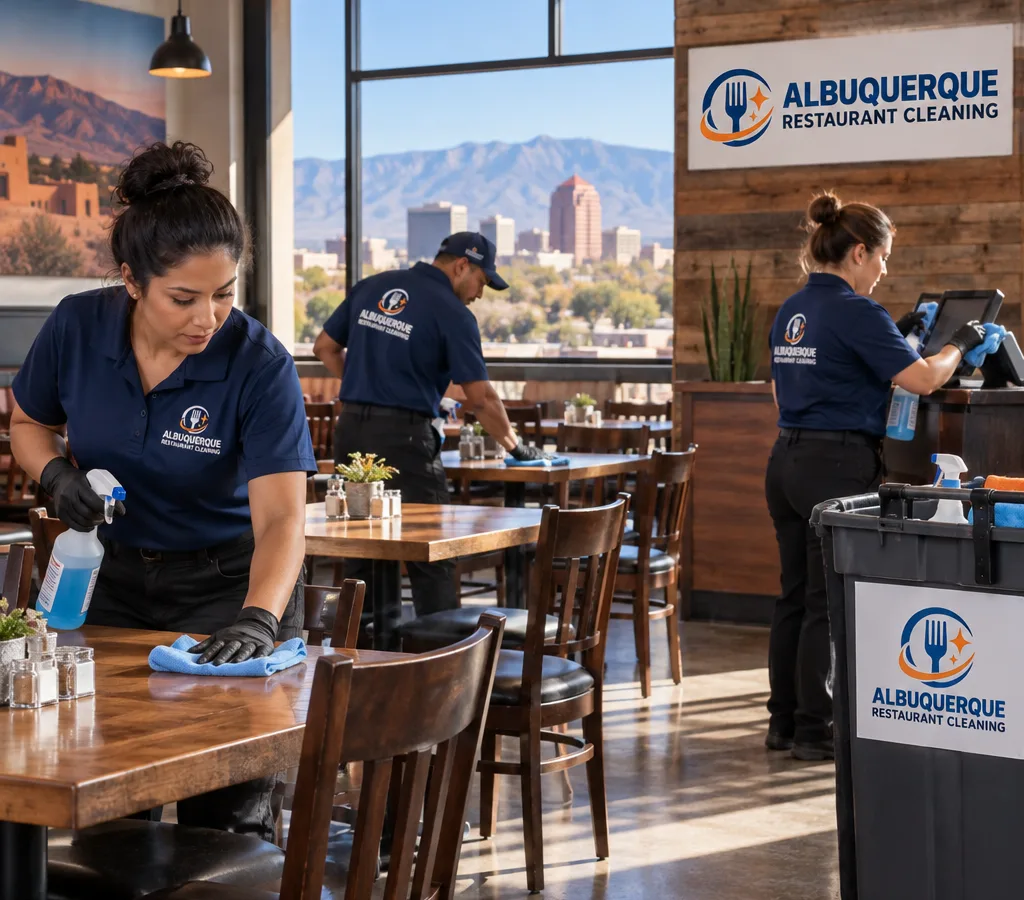 Professional restaurant cleaners sanitizing dining tables, chairs, and high-touch points in an Albuquerque restaurant