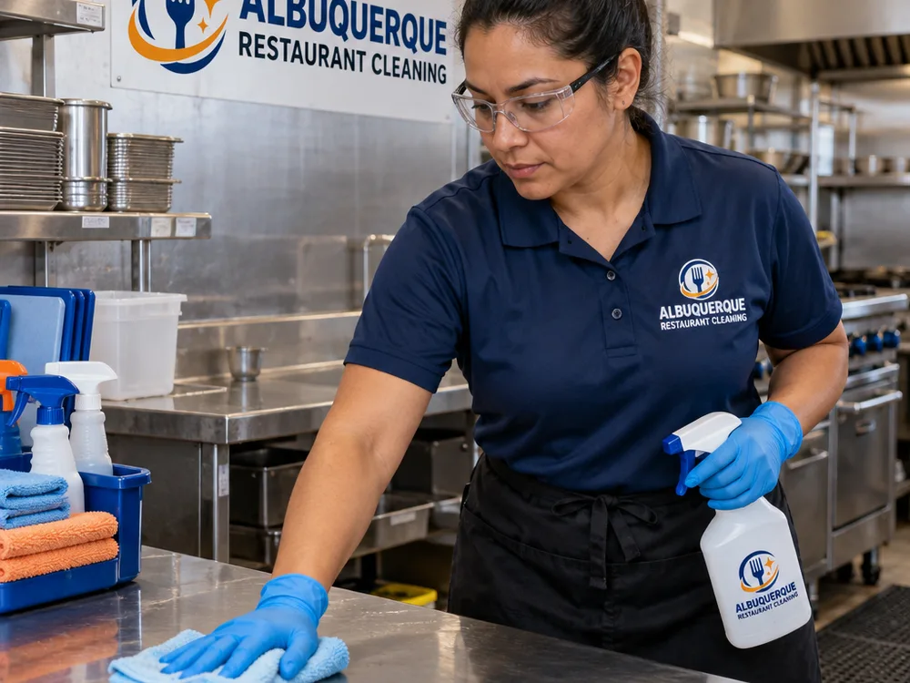 Cleaner in PPE detailing stainless prep tables with labeled chemicals and microfiber tools
