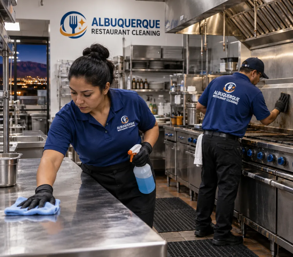 Commercial kitchen cleaners working after-hours in an Albuquerque restaurant kitchen, wiping stainless prep tables and detailing a range line