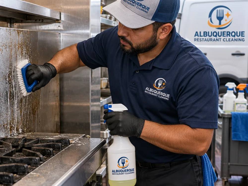 Technician performing detailed degreasing on a commercial range and adjacent backsplash with neatly staged cleaning tools