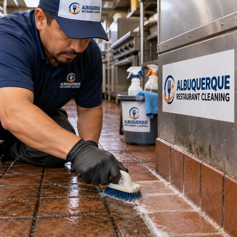 Technician scrubbing greasy grout and the floor-wall edge in a commercial kitchen
