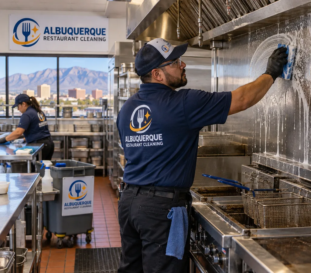 Technician deep cleaning a stainless hood and backsplash in an Albuquerque commercial kitchen