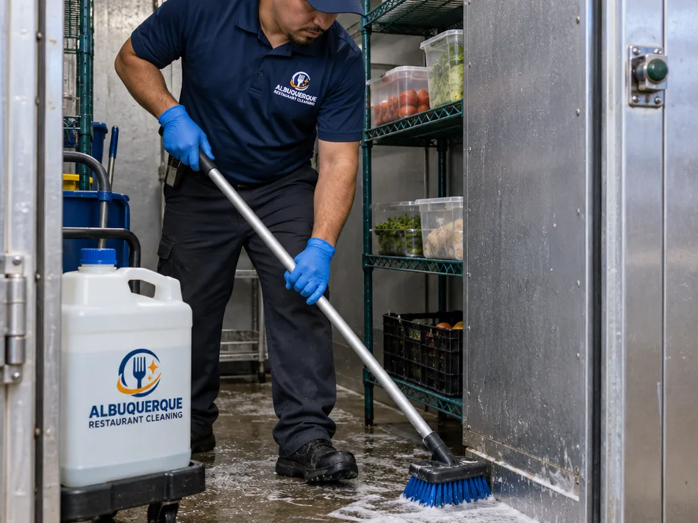 Technician cleaning the floor and lower wall base inside a walk-in cooler