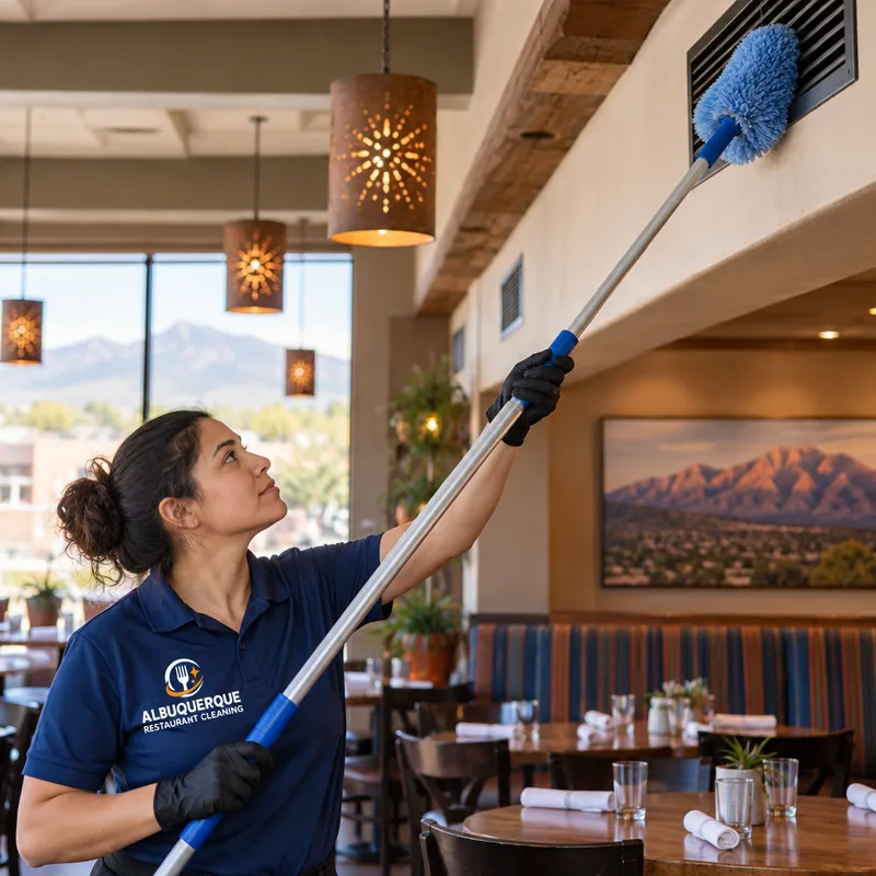 Cleaner using an extension pole to remove dust from vents and ledges above a restaurant dining area
