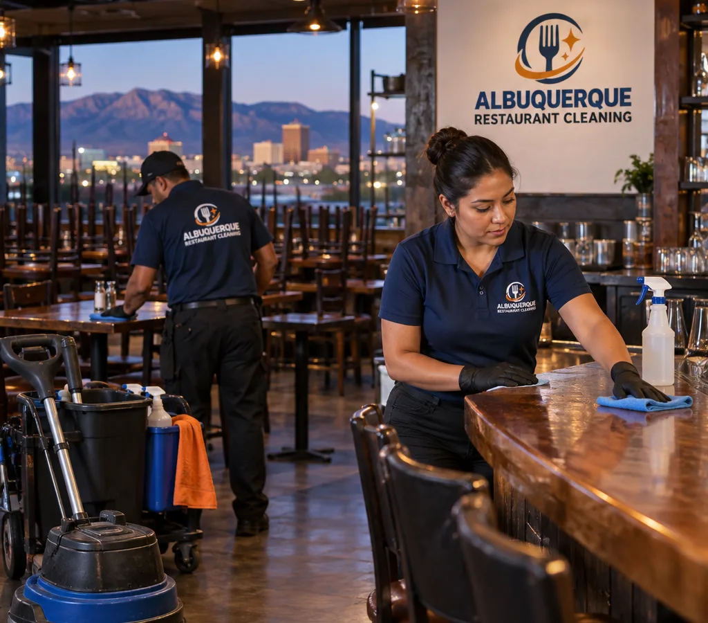 Evening cleaning crew wiping dining tables and bar surfaces in an Albuquerque restaurant after close