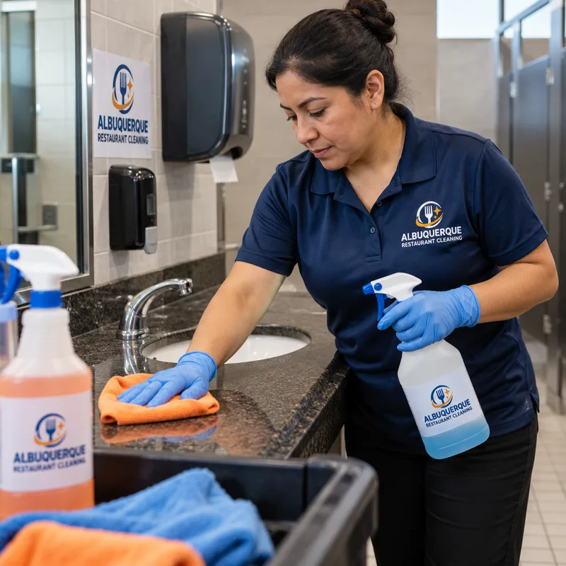 Cleaner disinfecting a commercial restroom sink and counter with color-coded microfiber cloths and labeled spray bottles