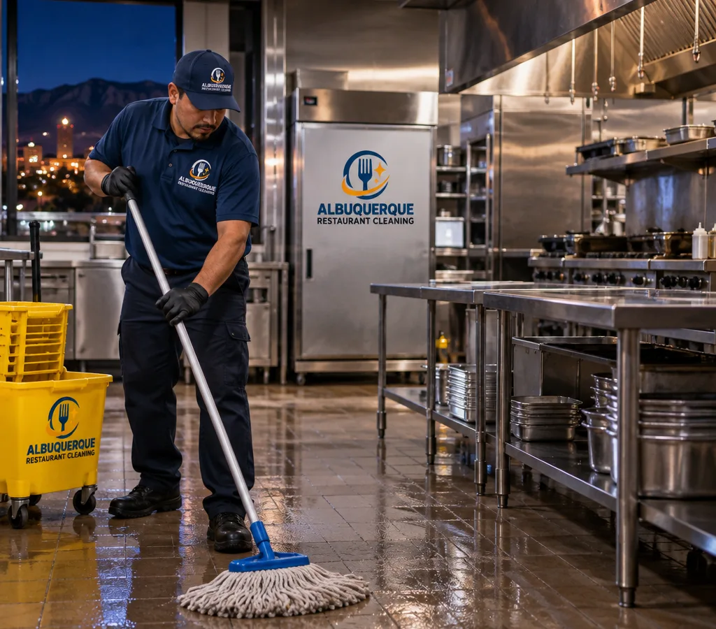 After-hours cleaning technician mopping a commercial restaurant kitchen floor with stainless prep tables and hood line in the background