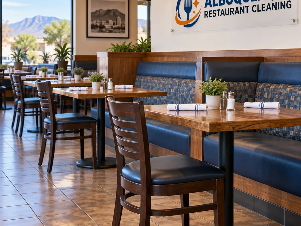 Front-of-house dining area after daily restaurant cleaning with aligned tables and clean tile floors