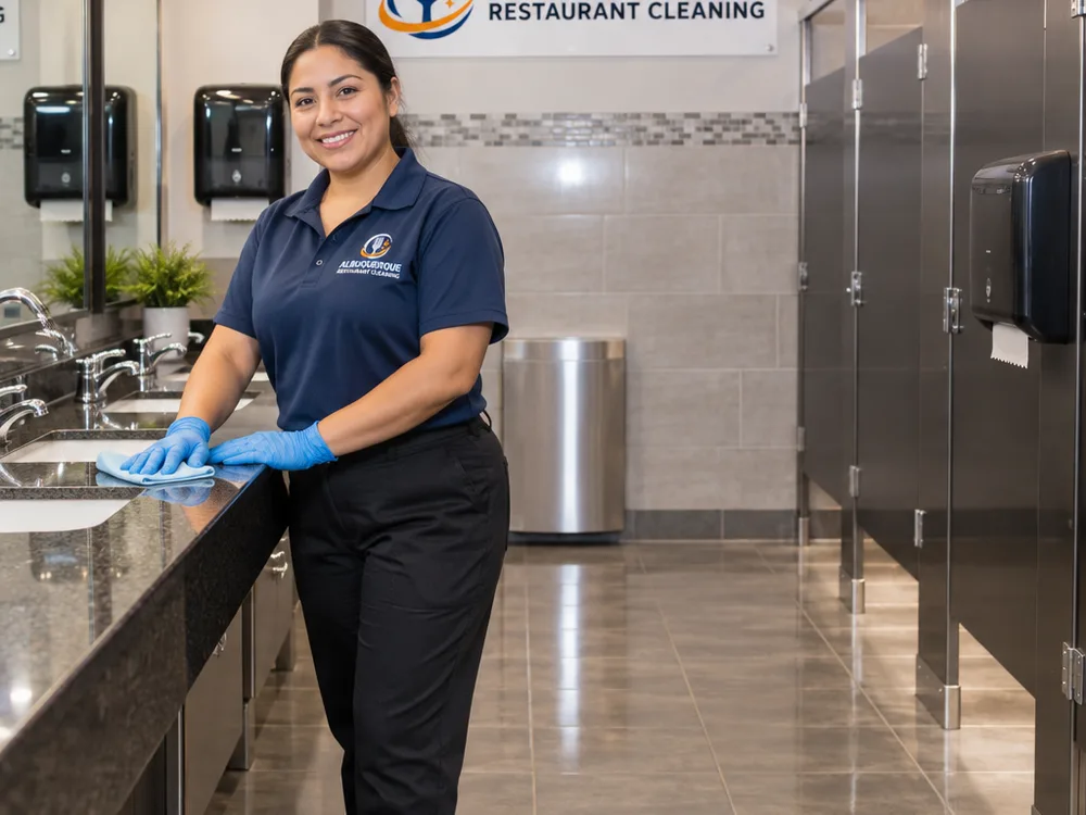 Restaurant restroom after cleaning with polished fixtures, detailed floor edges, and refilled dispensers