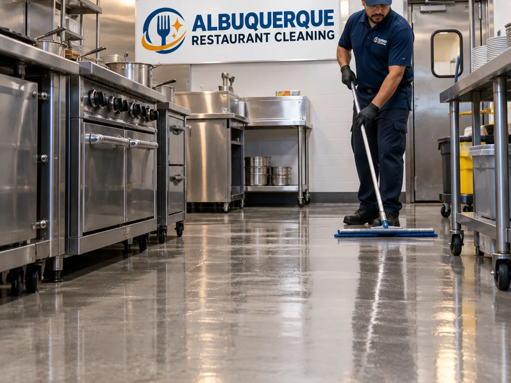 Cleaned commercial kitchen floor with visible shine and clear baseboard edges around the cook line