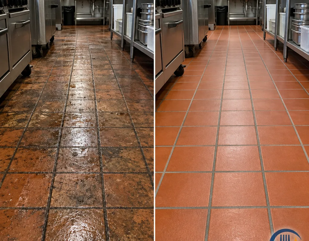Before-and-after view of a commercial kitchen quarry tile floor showing greasy film and dark grout before cleaning and a brighter surface afterward
