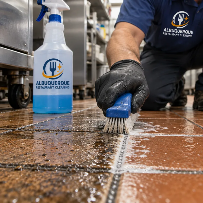 Close-up of a commercial kitchen grout line being scrubbed with degreaser, showing cleaned and uncleaned sections
