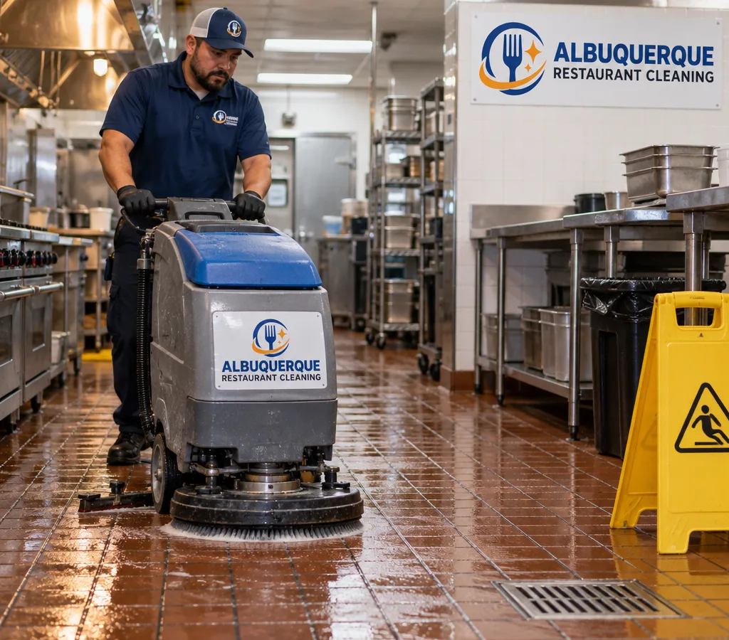 Technician using a commercial floor scrubber on quarry tile in an after-hours restaurant kitchen with floor drains and wet floor signs visible