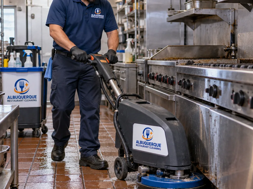Technician using a low-profile floor scrubber along a commercial kitchen cook line edge with controlled water recovery