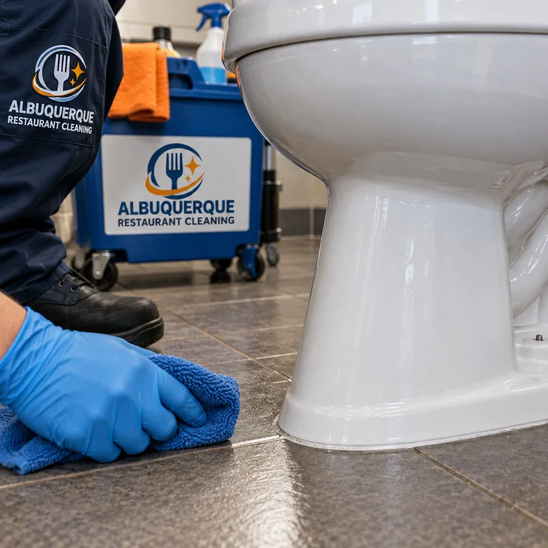 Clean commercial toilet base and surrounding dry floor edge after buildup removal