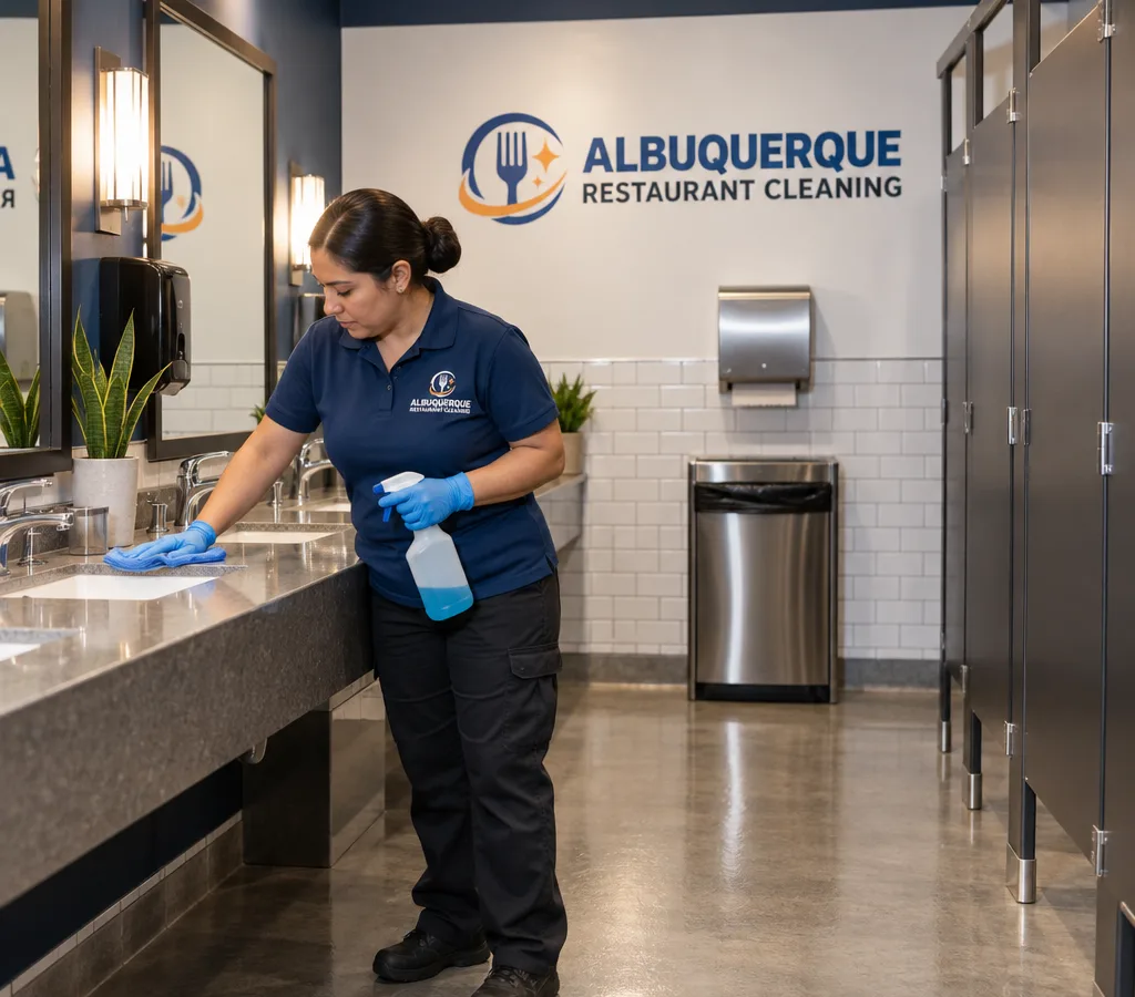 Spotless, well-stocked commercial restaurant restroom with gleaming fixtures and dry floors