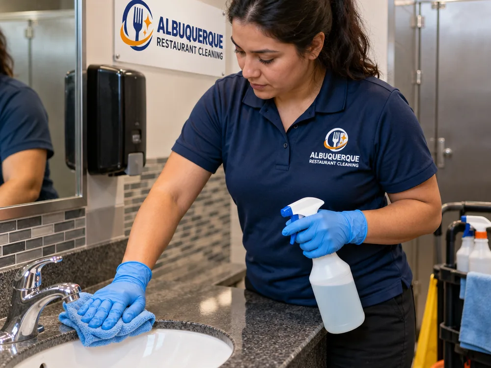 Cleaner disinfecting a commercial restroom sink, touchpoints, and fixtures with microfiber cloths