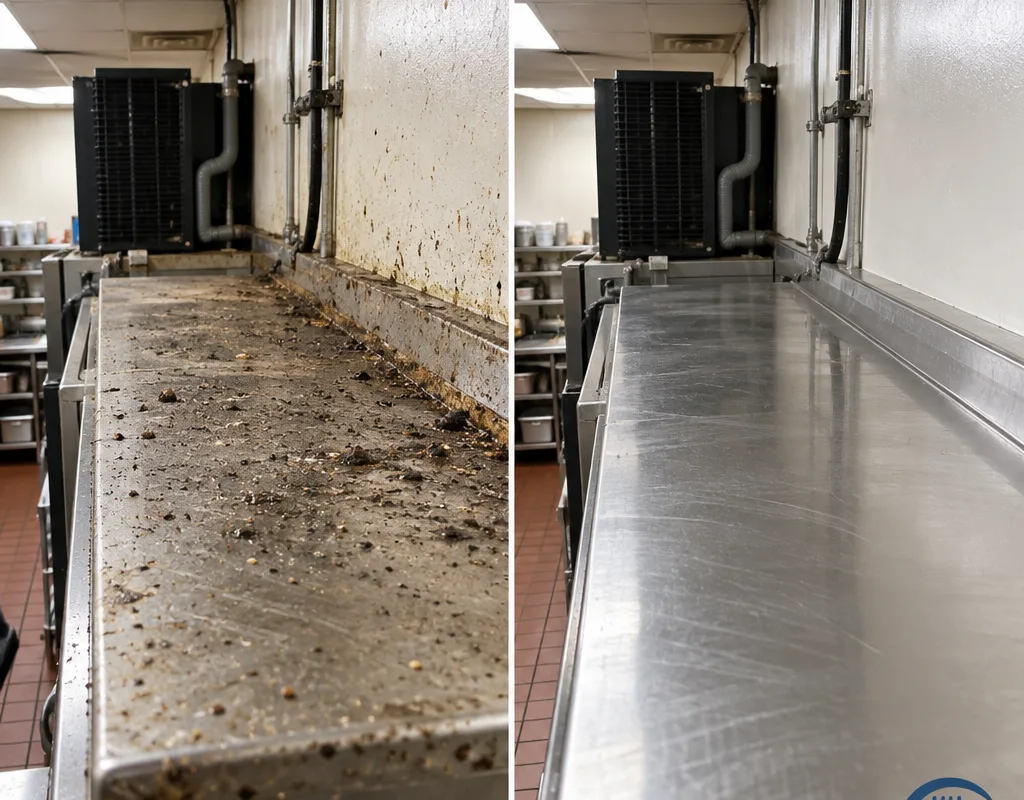 Before and after comparison of greasy dust removed from a walk-in cooler top and wall ledge
