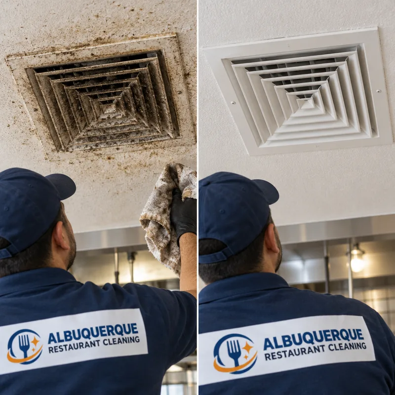 Cleaned ceiling vent grille and surrounding ceiling edge free of dust buildup