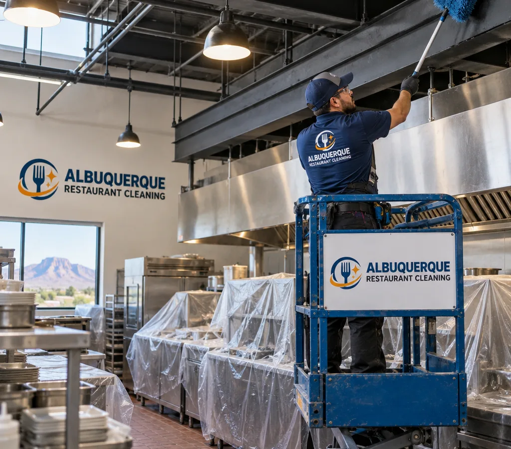 Technician on a lift high dusting above a commercial kitchen line with covered equipment below
