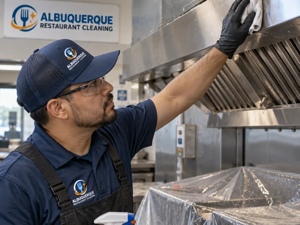 Technician cleaning a stainless hood canopy and overhead ductwork with protected equipment below