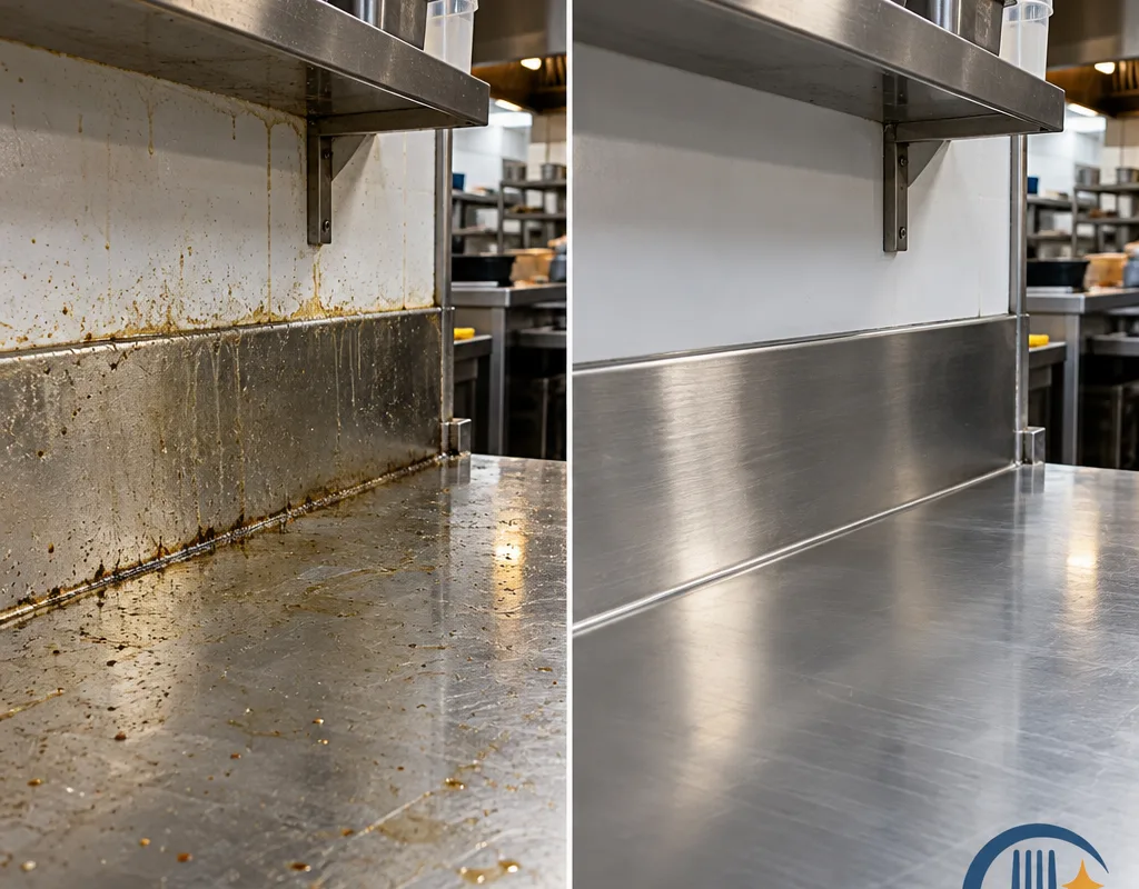 Before-and-after comparison of grease film on a stainless prep table backsplash and the same surface cleaned to a uniform finish