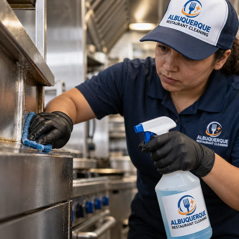Gloved technician cleaning stainless steel equipment edges and seams with food-safe degreaser and a non-scratch pad