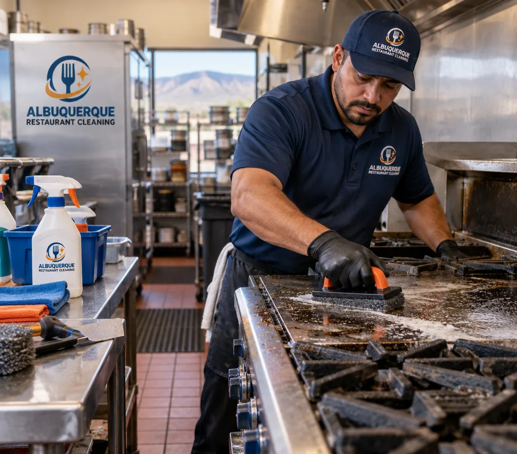 Technician cleaning heavy grease and carbon from a commercial range and surrounding stainless surfaces on a restaurant cook line