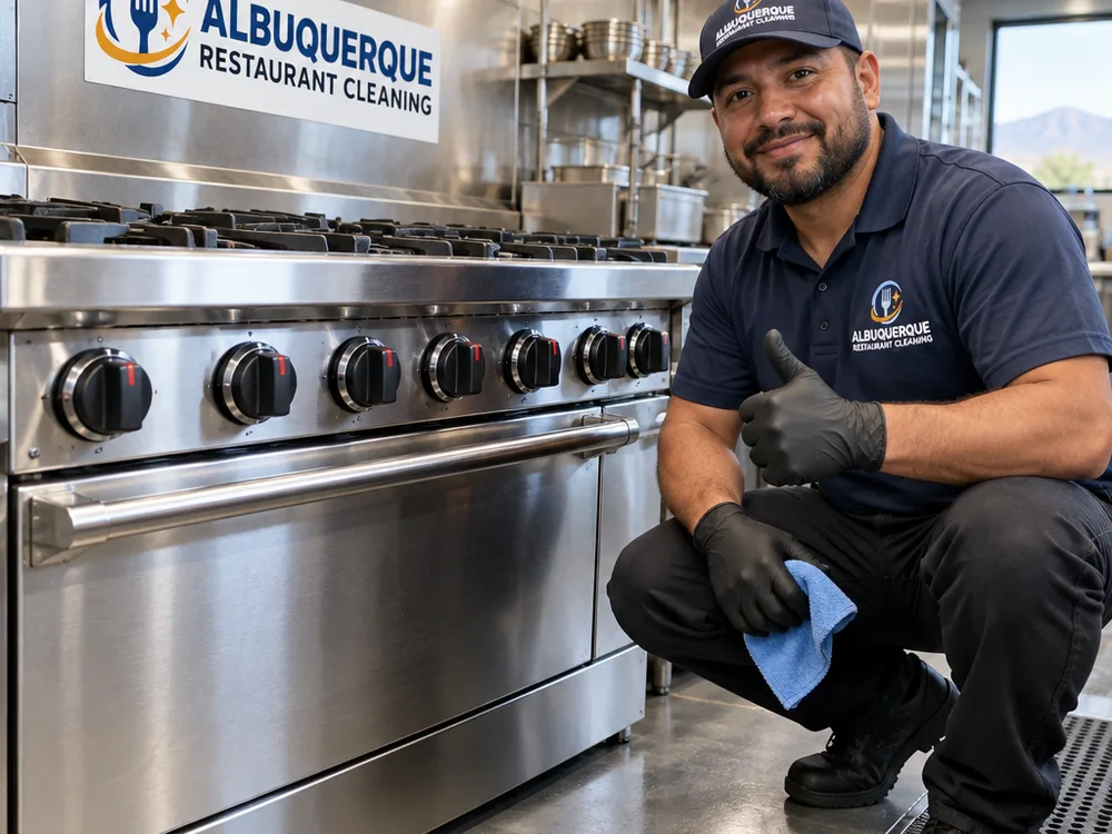 Clean commercial range front, knobs, kick plate, surrounding stainless, and dry kitchen floor