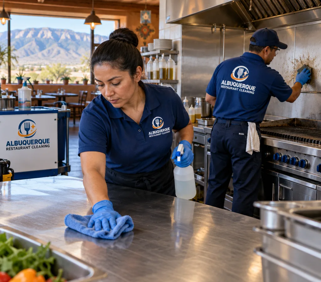 Professional cleaners wiping stainless prep tables and degreasing a commercial restaurant cook line in Corrales