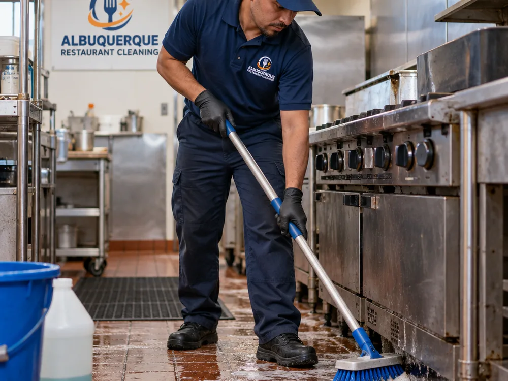 Cleaner scrubbing a commercial kitchen floor near the cook line with attention to corners and floor-wall edges