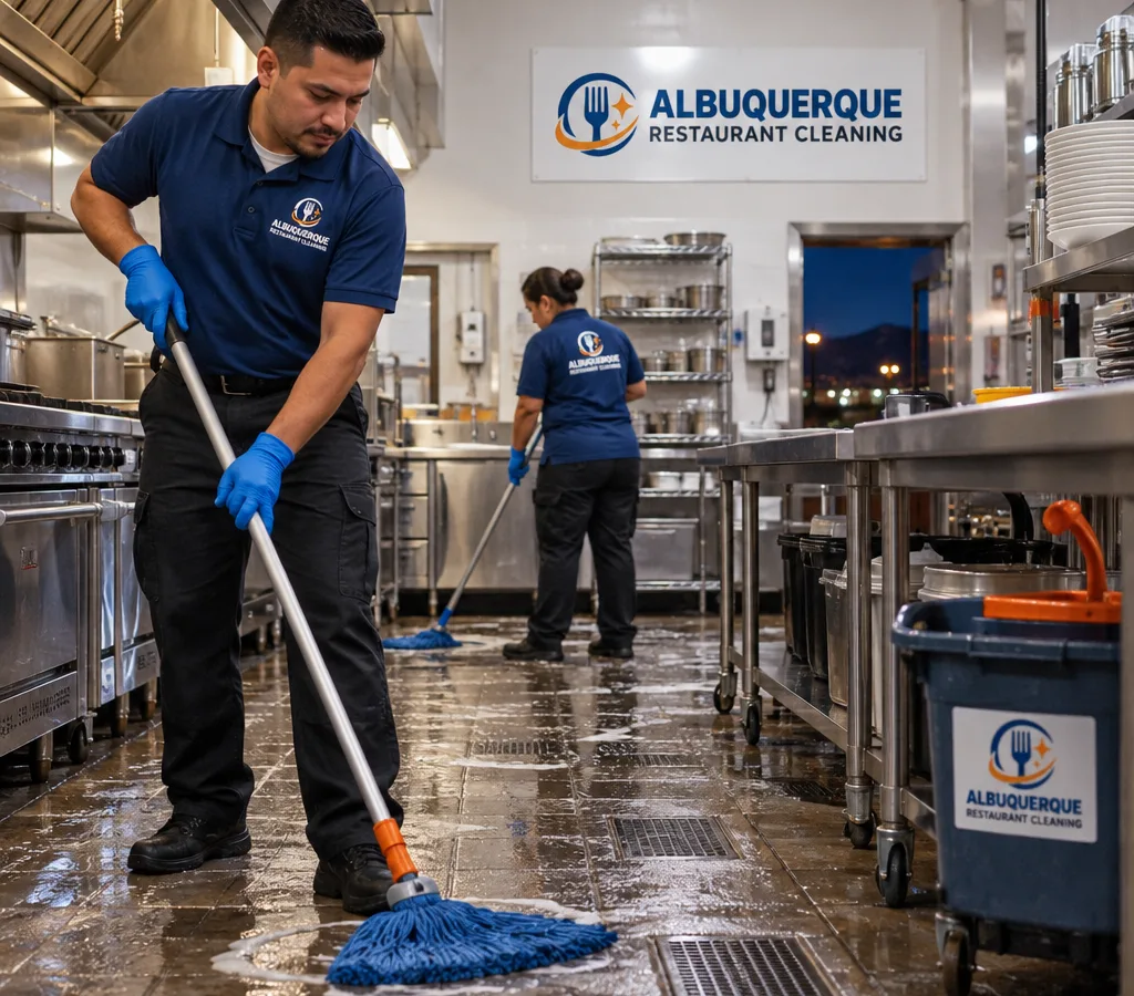 After-hours restaurant cleaning team mopping a commercial kitchen floor with stainless prep tables and visible floor drains in North Valley Albuquerque