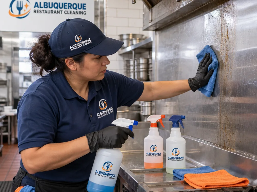 Cleaner performing detailed degreasing on a commercial cook line splash area with labeled spray bottles and color-coded cloths