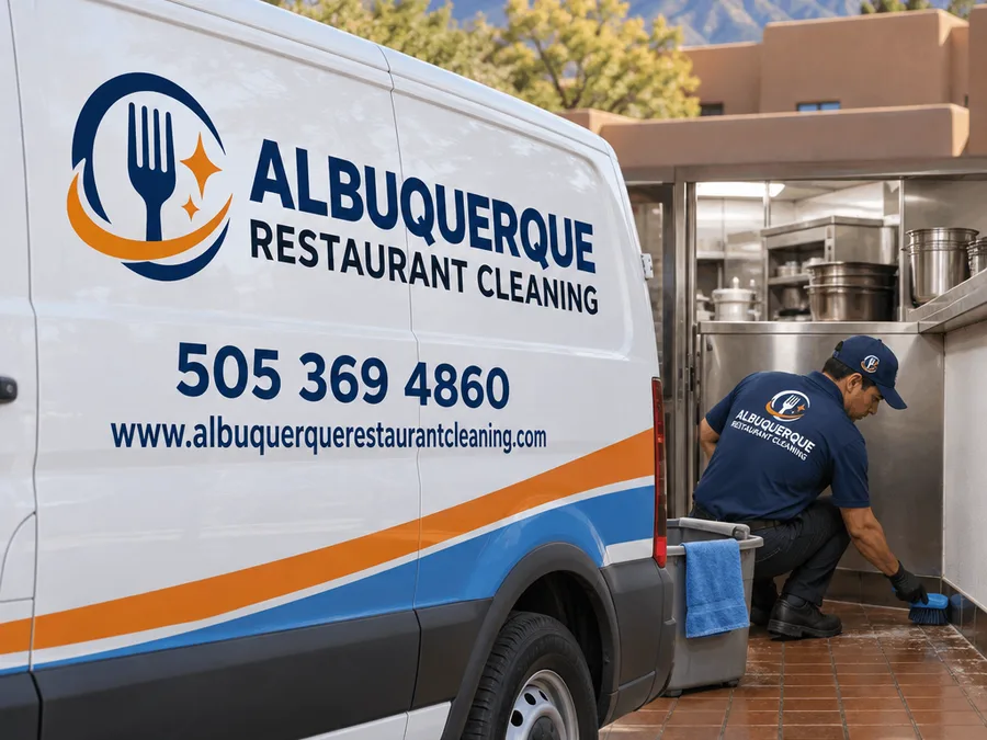 Technician using a hand brush to remove buildup from a commercial kitchen corner and wall cove base where machines cannot reach