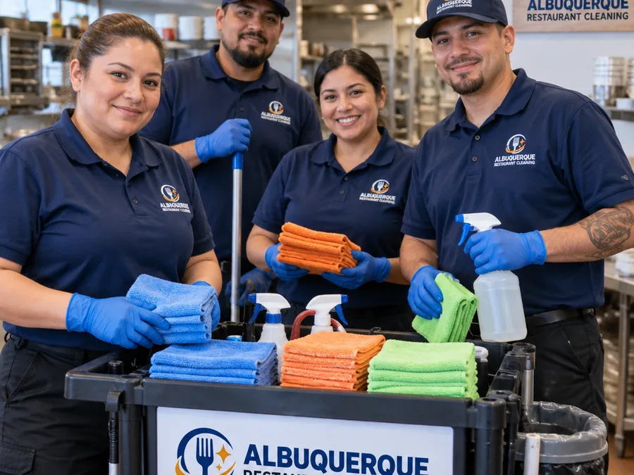Uniformed restaurant cleaning team staging labeled tools and color-coded microfiber before a shift